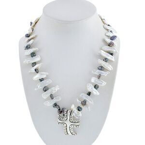 Vintage Sterling Silver 925 Cross Pendant Two Tone Baroque Pearl Necklace 18.5"